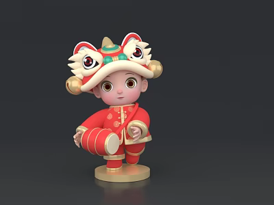 Cute Game Movie Character in Red Traditional Costume with Lion Dance Headdress and Standing Pose 3d model