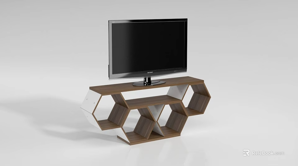 Modern Wooden TV Stand With Hexagonal Shelves And Open Storage Design 3d model 