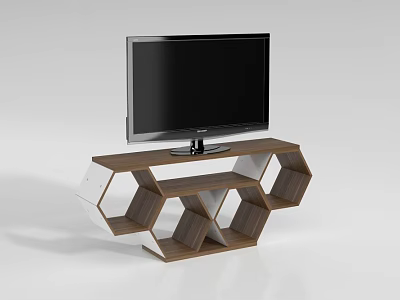 Modern Wooden TV Stand With Hexagonal Shelves And Open Storage Design 3d model