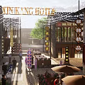Vibrant Commercial Street with Kin Kang Hotel Signboards Lanterns and String Lights