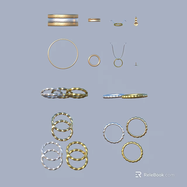 Elegant Fashionable Jewelry Collection Featuring Gold Silver Rings Circular Necklaces And Layered Designs 3d model 
