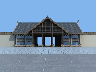 Traditional Chinese Style Entrance Gate With Wooden Structure Gray Tiles And Open Plaza 3d model