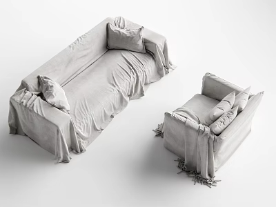 Light Colored Fabric Sectional Sofa with Matching Armchair and Decorative Pillows in Minimalist Design 3d model