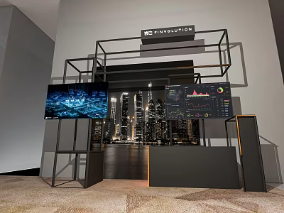 FINNOVATION Exhibition Booth With Metal Frame Structure And Screens Showing City Skyline And Data Charts 3d model