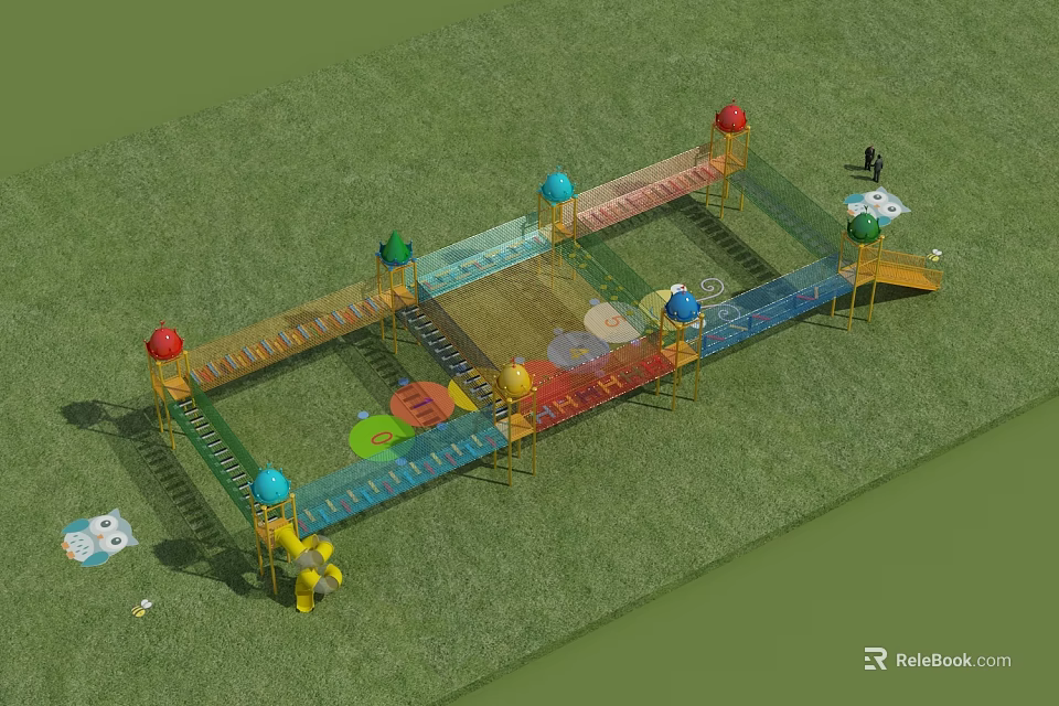 Outdoor Playground Equipment with Colorful Climbing Net Slide and Grass Area for Kids 3d model 