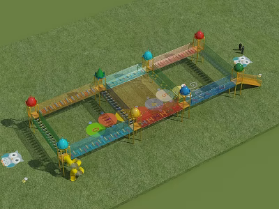 Outdoor Playground Equipment with Colorful Climbing Net Slide and Grass Area for Kids 3d model
