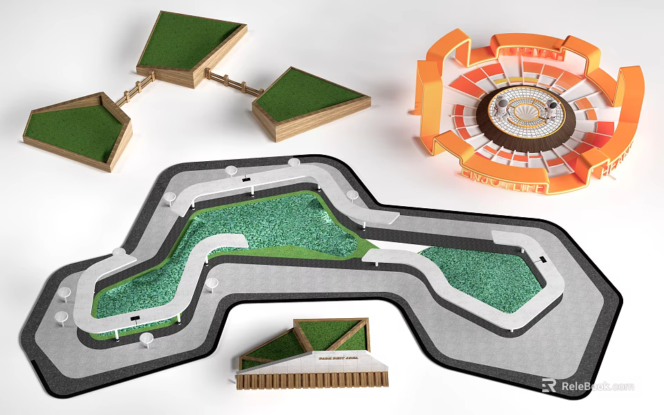 Landscape Seats Design Featuring Curved Paths Green Lawn And Circular Structure Model 3d model