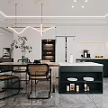 Modern Restaurant Interior With Dining Table Chairs Pendant Lights Open Kitchen And Cabinets 3d model