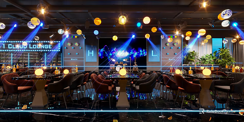 Modern Bar Interior with Colorful Spherical Pendant Lights Stage Tables Chairs and Lighting Effects 3d model 