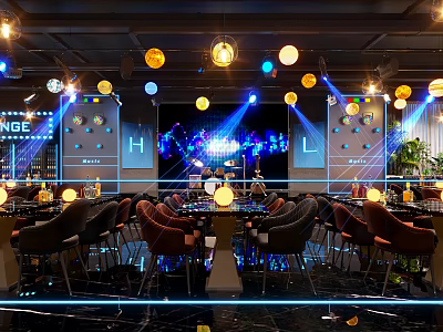 Modern Bar Interior with Colorful Spherical Pendant Lights Stage Tables Chairs and Lighting Effects 3d model