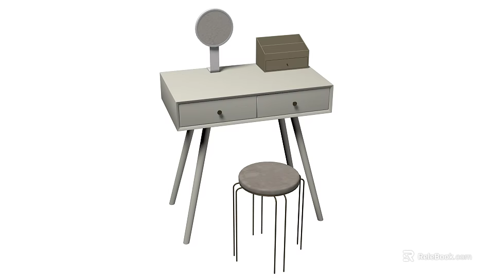 Modern Vanity Table with Round Mirror Drawers and Upholstered Stool Set 3d model