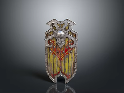 Ornate Medieval Shield with Metal Frame Red Decorative Patterns Yellow Base and Circular Central Component 3d model