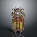 Ornate Medieval Shield with Metal Frame Red Decorative Patterns Yellow Base and Circular Central Component 3d model