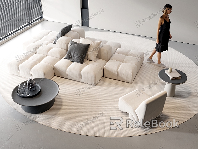 Cream Style Combination Sofa Fabric Multi-person Sofa Lazy Sofa Leisure Sofa Combination Sofa Chair Pillow Coffee Table model