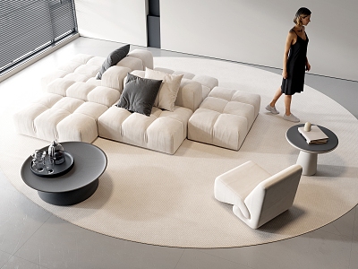 Cream Style Combination Sofa Fabric Multi-person Sofa Lazy Sofa Leisure Sofa Combination Sofa Chair Pillow Coffee Table model