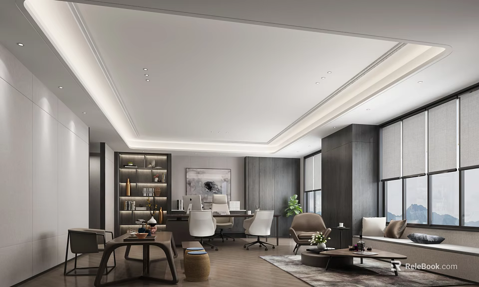 Modern Office Interior Design With Bookshelf Desk Sofa And Comfortable Chairs 3d model