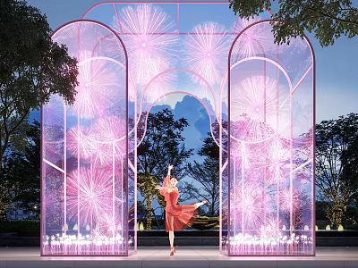 Garden Ornament With Arched Pink Lighting Effects And Dancer In Nighttime Garden 3d model