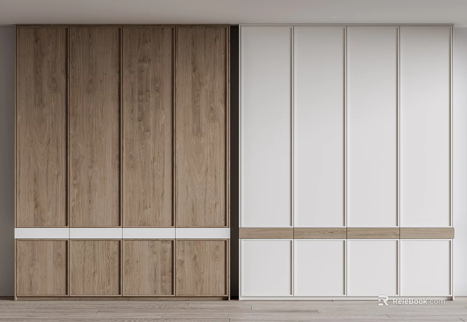 Sleek Modern Wardrobe Interior Design With Wooden And White Sliding Door Panels 3d model 