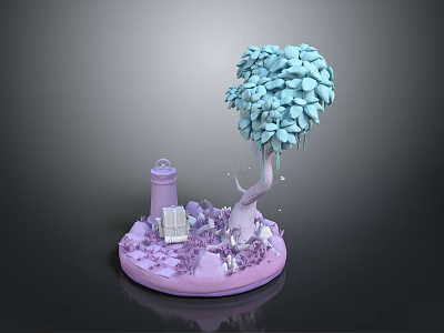 Cute Clothing Accessories Miniature Model With Blue Tree Lighthouse And Pink Base 3d model