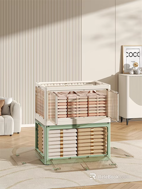 Open Storage Cabinet Rack With Folded Towels And Multi Layer Shelves In Modern Living Room 3d model 