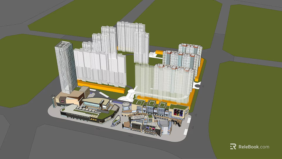 Modern Commercial Street With High Rise Buildings And Retail Shopping Area 3d model 