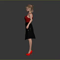 A Woman Wearing Red Tank Top Black Skirt And Red High Heels Against Gray Background