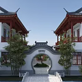 Traditional Chinese Ancient Architecture Featuring Red Pillars Carved Eaves and Courtyard Trees