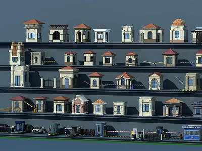Various Architectural Models With Different Roof And Door Designs On Display Shelves 3d model