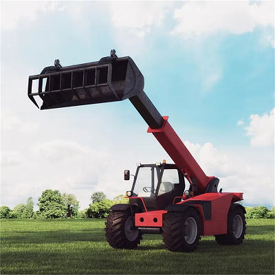 Red Industrial Telehandler With Extended Boom And Large Tires In Green Field 3d model