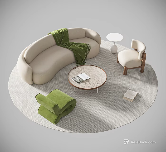 Curved Sofa And Round Coffee Table Set With Green Blanket Fabric Armchair Light Gray Rug 3d model 