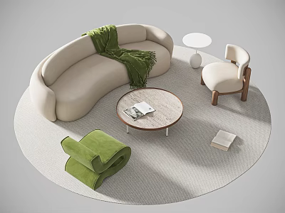 Curved Sofa And Round Coffee Table Set With Green Blanket Fabric Armchair Light Gray Rug 3d model