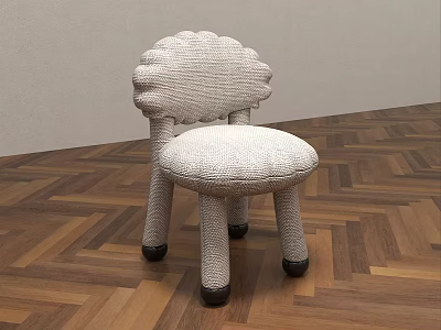 Crocheted Kids Chair Featuring Scalloped Backrest Padded Seat And Black Foot Caps On Wooden Floor 3d model