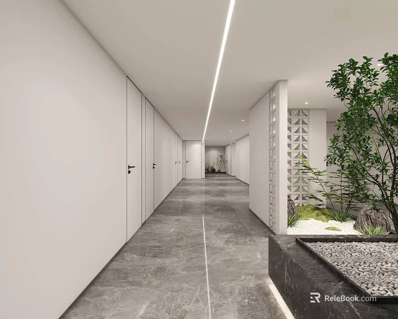 Modern Office Corridor With White Walls Gray Marble Flooring Ceiling Light Strips And Green Plant 3d model 