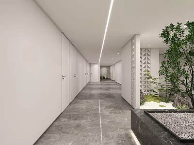Modern Office Corridor With White Walls Gray Marble Flooring Ceiling Light Strips And Green Plant 3d model