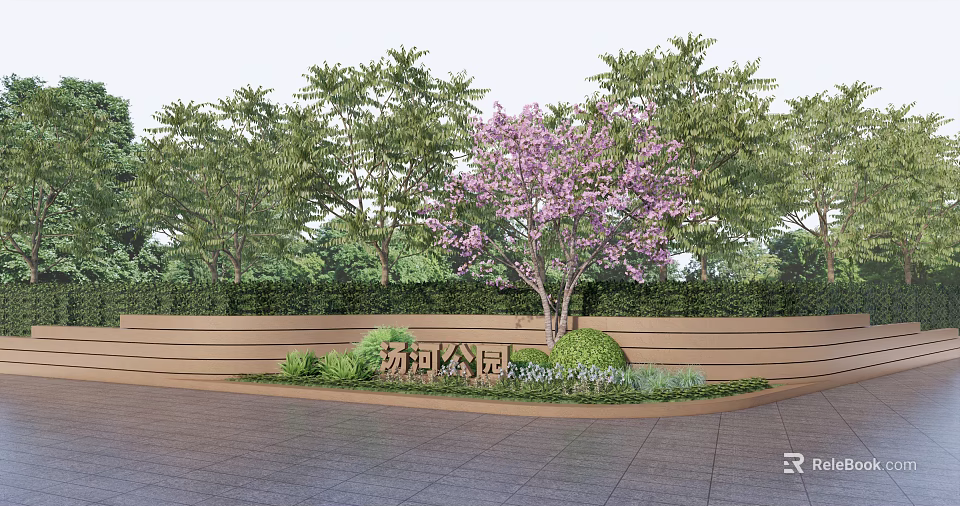 Wooden Scenic Wall in Tanghe Park with Green Trees Purple Flowering Tree and Lush Plants 3d model 