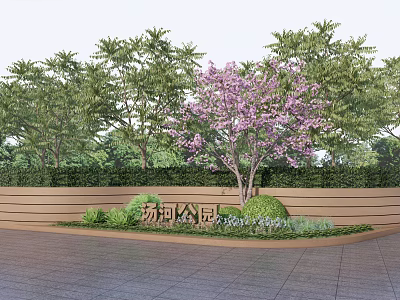Wooden Scenic Wall in Tanghe Park with Green Trees Purple Flowering Tree and Lush Plants 3d model
