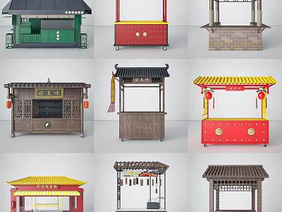 Traditional Chinese Stalls With Various Styles Colorful Designs And Decorative Lanterns 3d model