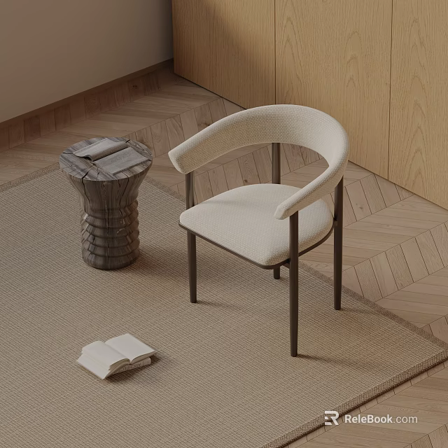 Modern White Dining Chair With Curved Armrest Black Legs Wooden Side Table Beige Rug 3d model 