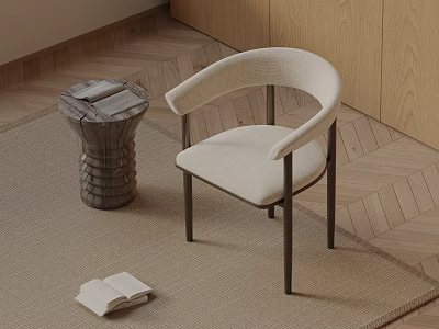 Modern White Dining Chair With Curved Armrest Black Legs Wooden Side Table Beige Rug 3d model