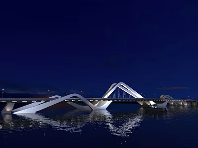 Modern Architectural Bridge With Stunning Night Lighting And Calm Water Reflections Over Serene River 3d model