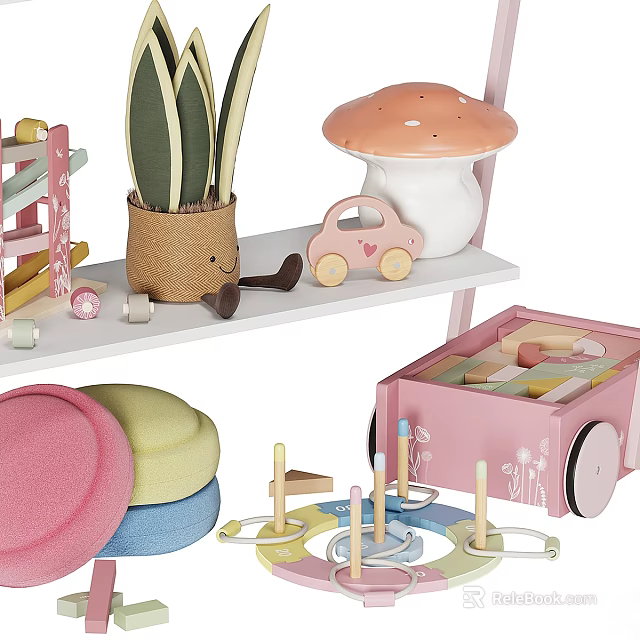 Colorful Wooden Toys With Pink Cart And Play Accessories 3d model 