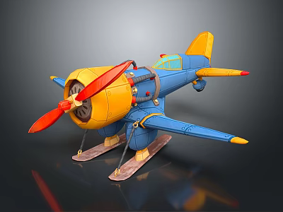 Blue and Yellow Vintage Propeller Passenger Airplane With Ski Landing Gear 3d model