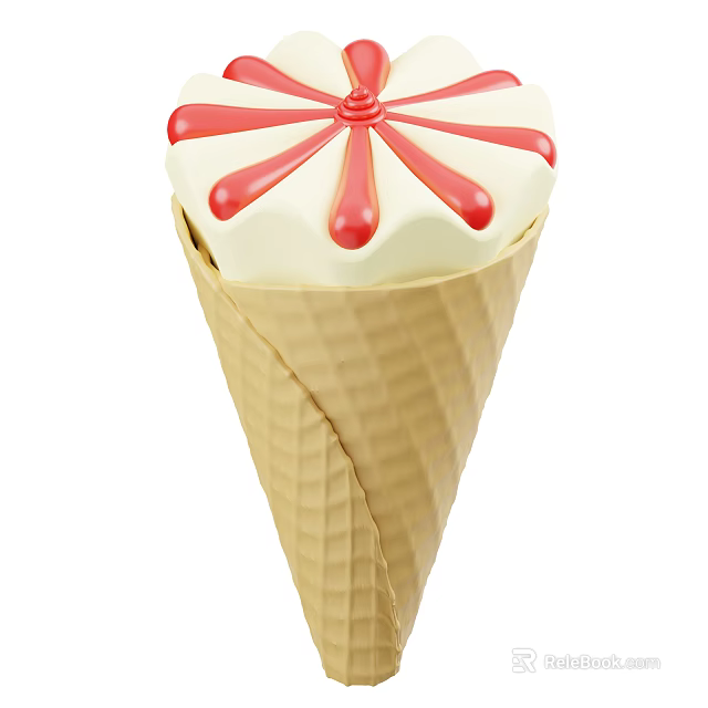 Crispy Waffle Ice Cream Cone With Creamy White Ice Cream And Red Decorative Swirls 3d model 