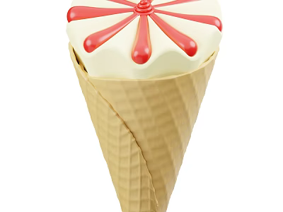 Crispy Waffle Ice Cream Cone With Creamy White Ice Cream And Red Decorative Swirls 3d model