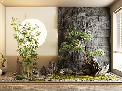 Zen Garden Ornament with Circular Decor Bamboo Bonsai Pine Stone Wall and Mossy Gravel 3d model