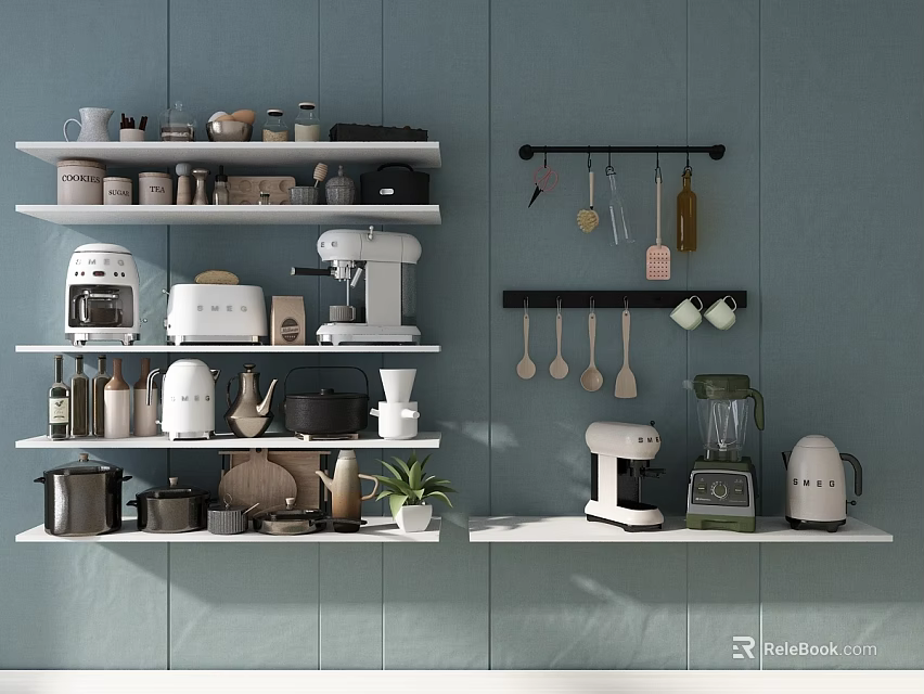 Modern Kitchen With Light Blue Walls Organized Shelves Hanging Utensils And Cookware Appliances 3d model 