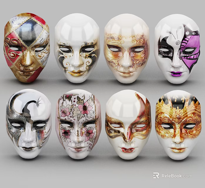 Colorful Artistic Masks With Intricate Patterns And Floral Decorative Designs 3d model 