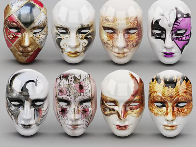 Colorful Artistic Masks With Intricate Patterns And Floral Decorative Designs 3d model