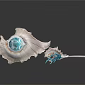 Two Ornate Shell Shaped Weapons With Blue Gemstone And White Blue Decorative Details
