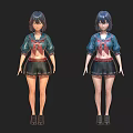 Woman With Blue Hair In Blue Top Red Neckerchief Black Skirt Standing In Mountain Landscape